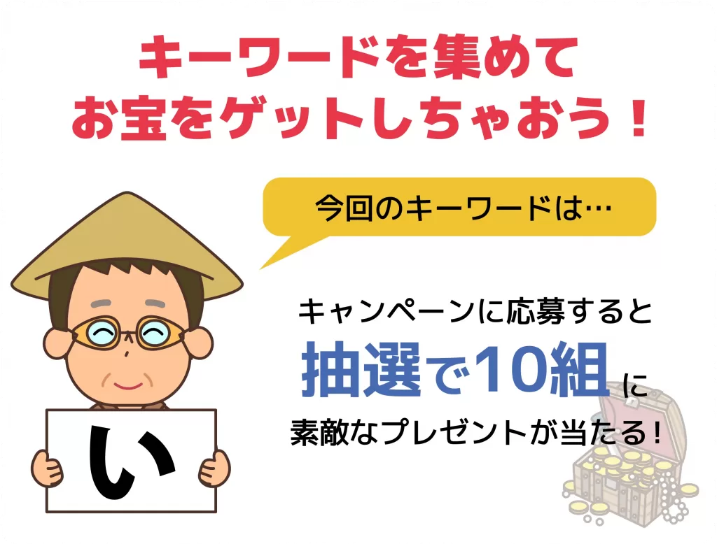キーワードを集めてお宝をげっとしちゃおう！しまうみ探検隊のキーワードを完成させてキャンペーンに応募すると抽選で10組に素敵なプレゼントが当たる！詳しくはキャンペーン詳細ページから。