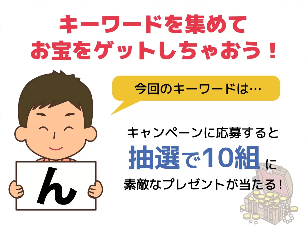 キーワードを集めてお宝をげっとしちゃおう！しまうみ探検隊のキーワードを完成させてキャンペーンに応募すると抽選で10組に素敵なプレゼントが当たる！詳しくはキャンペーン詳細ページから。